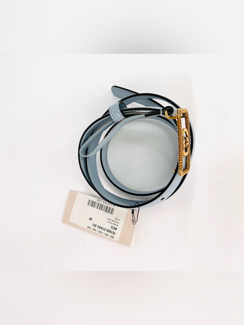 Gucci Skinny Blue Leather Belt With Interlocking G Logo Buckle Size 32 cm - 80" - Picture 4 of 10